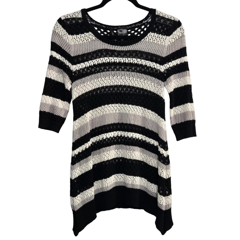 New Directions Womens Striped Open Knit Asymmetrical Hem Sweater Size M Y2K Edgy